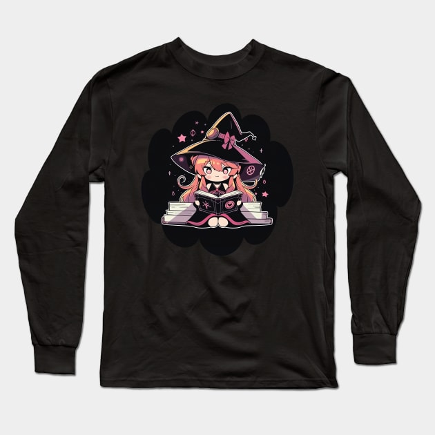 Baby Witch Libra Zodiac Sign Reading Spell Book Chibi Style Long Sleeve T-Shirt by The Little Store Of Magic